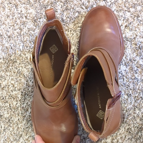 Antonio Melani Leather Tan Camel Ankle Boots Heeled Booties 8.5 Chunky Heel Zip - Picture 5 of 6